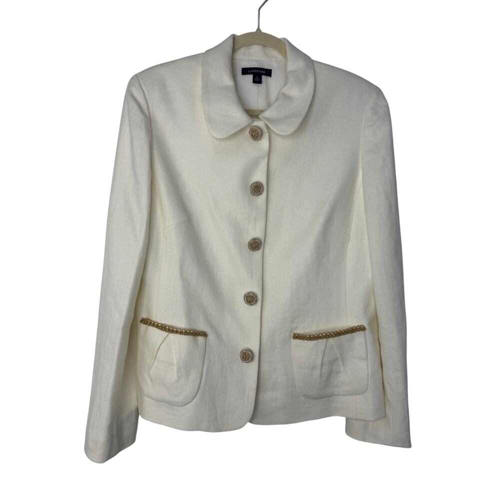 Lands’ End Linen Button-Front Jacket Cream White Trim Size 14 Coastal Resort